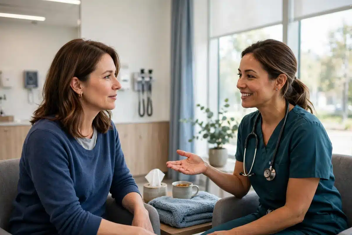 Photo of a woman in her 40s talking with a friendly imaging specialist in a bright clinic room about her mammogram options
