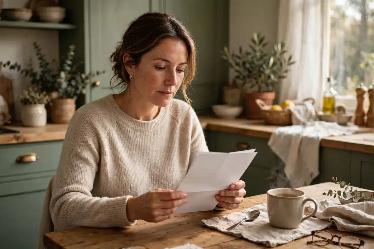 Photo of a woman in her 40s sitting at her kitchen table at home reading a plain appointment letter with a cup of tea nearby
