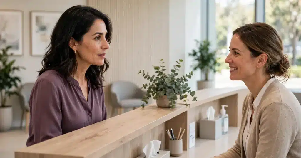 Photo of a woman in her 40s checking in at the bright reception desk of a modern imaging centre before a mammogram appointment