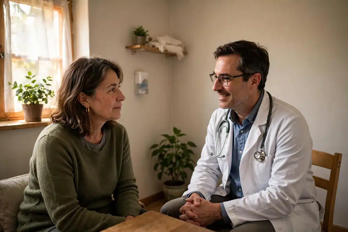 Photo of a woman talking with her doctor in a small, friendly local clinic consultation room