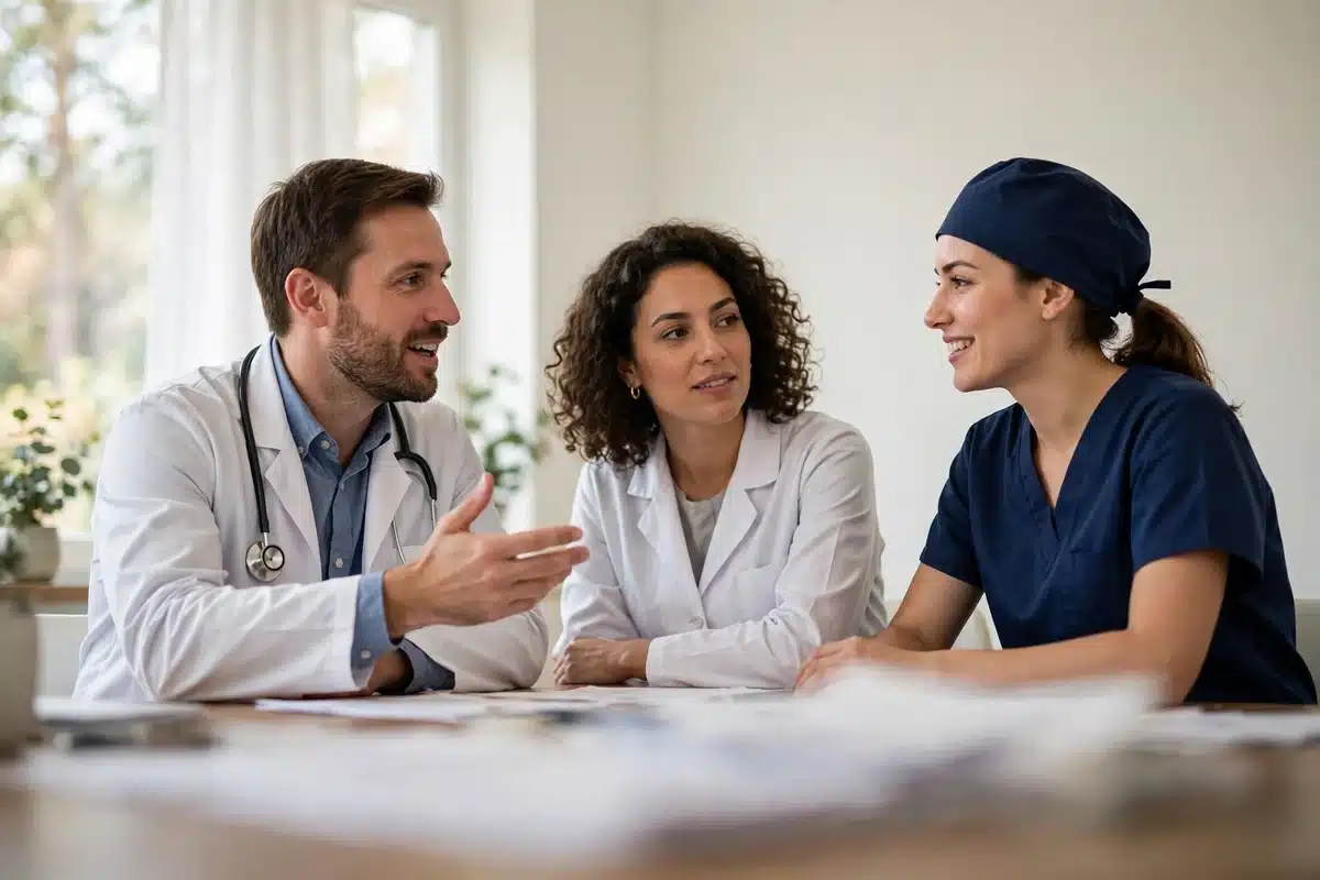 Photo of a care team of doctors and a nurse talking together around a table in a bright meeting room