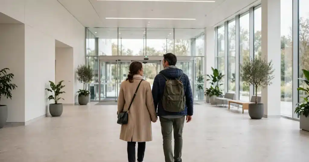 Photo of a woman and her partner arriving at the bright entrance hall of a large medical center