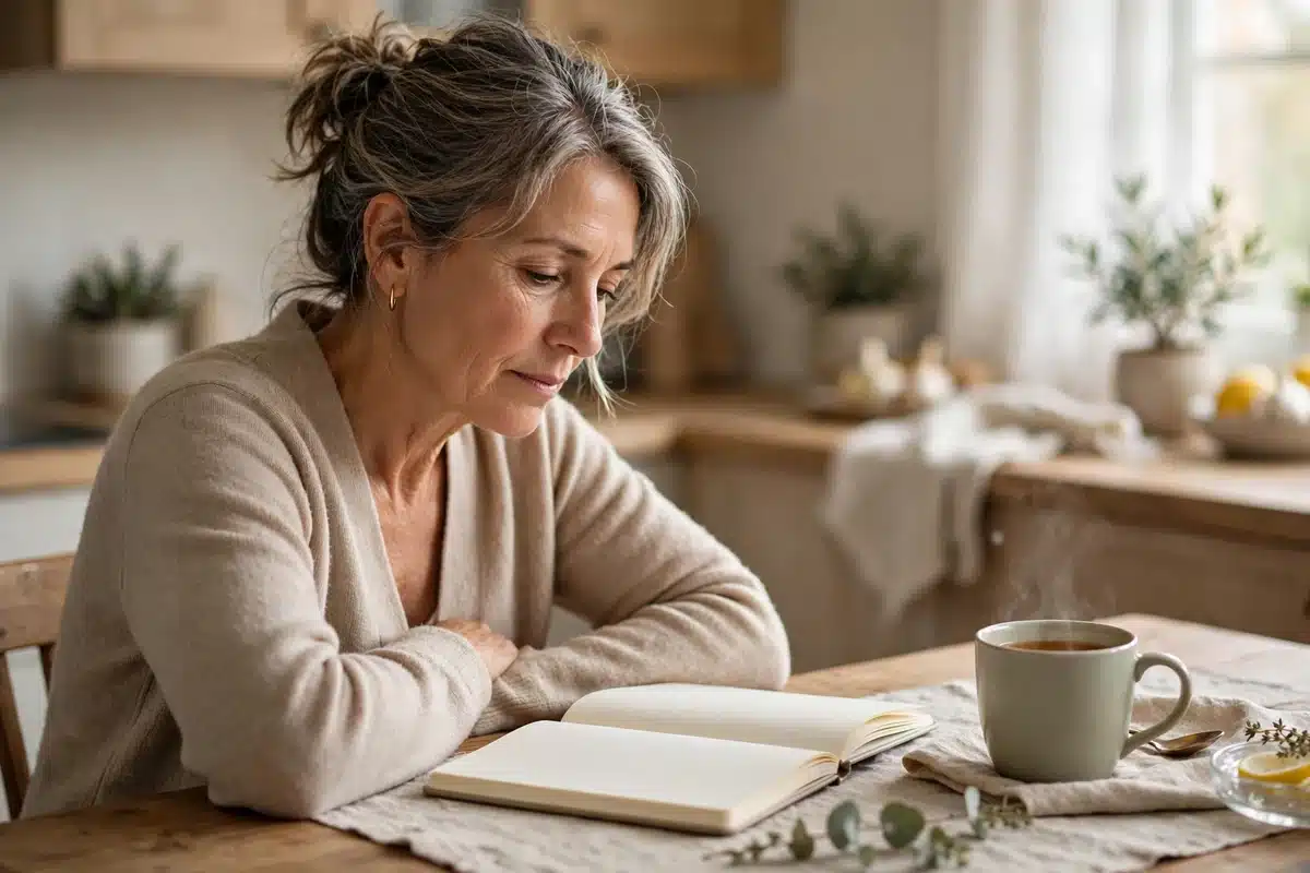 Photo of a woman in her 50s sitting at her kitchen table at home in soft morning light, reading a plain notebook with a thoughtful expression