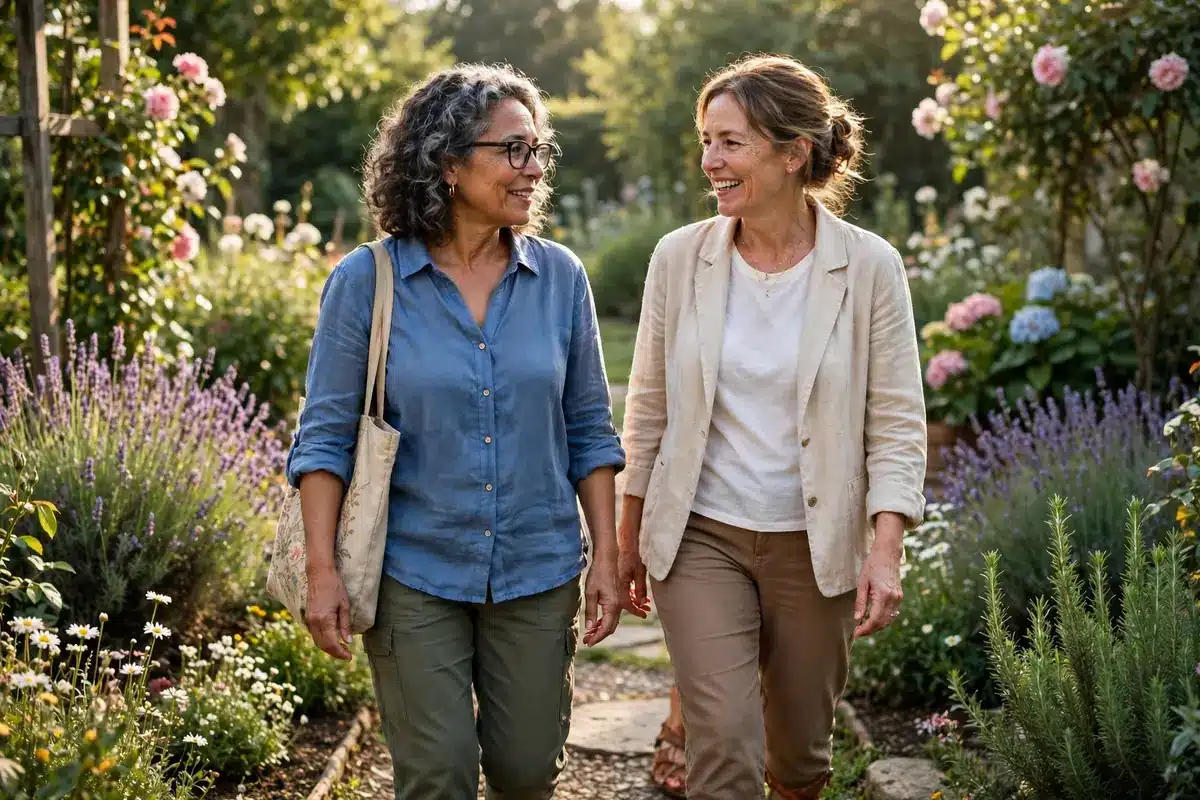 Photo of a woman in her 50s walking in a sunny garden with a close friend, relaxed and talking together