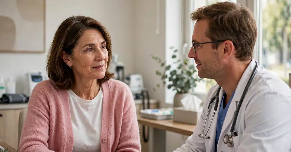 Photo of a woman in her 50s talking with her doctor in a bright clinic office about her rare breast cancer type