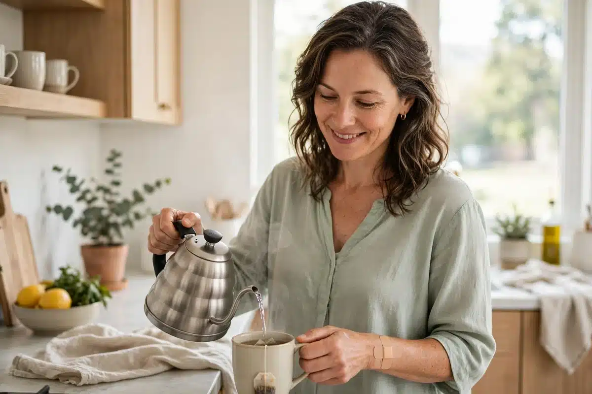 Photo of a woman in her 40s at home a few weeks after surgery, wearing a soft comfortable top, smiling gently as she makes tea in a bright kitchen