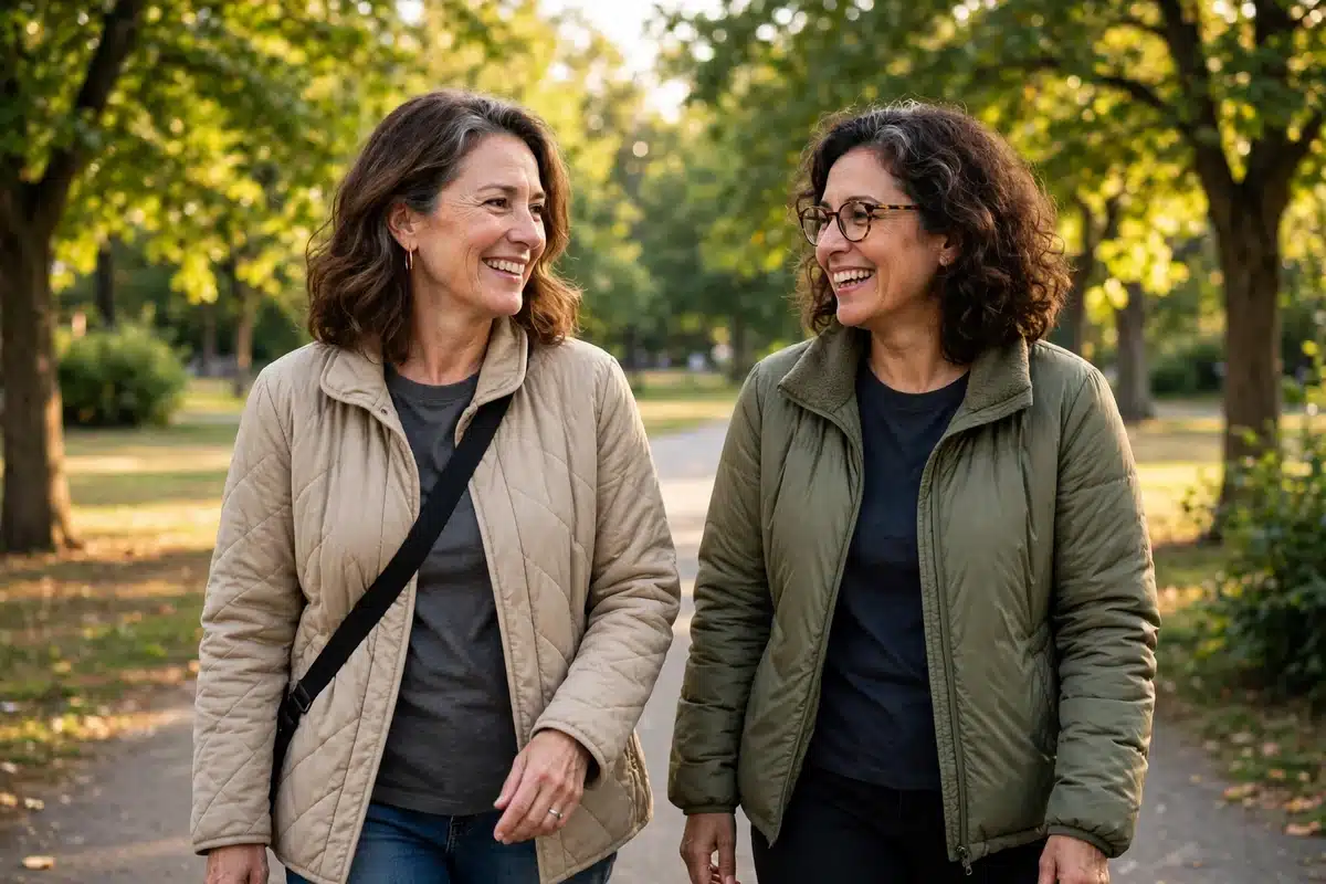 Photo of a woman in her 50s walking outdoors in a park with a close friend, wearing a comfortable jacket, confident and relaxed in warm afternoon light