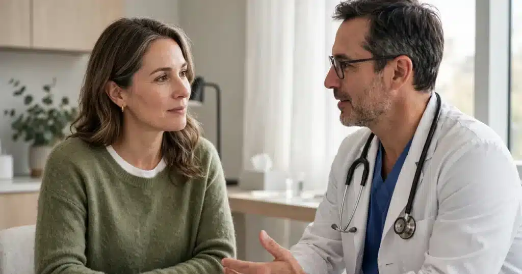 Photo of a woman in her 40s talking with her surgeon in a bright clinic office, discussing her surgery choices, calm and unhurried