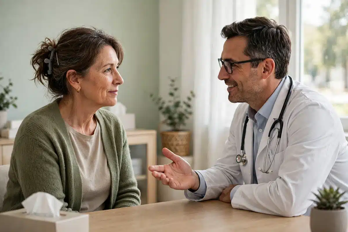 Photo of a woman in her 50s talking with her doctor in a bright clinic office about her screening appointment and results letter, calm reassured conversation, natural window light