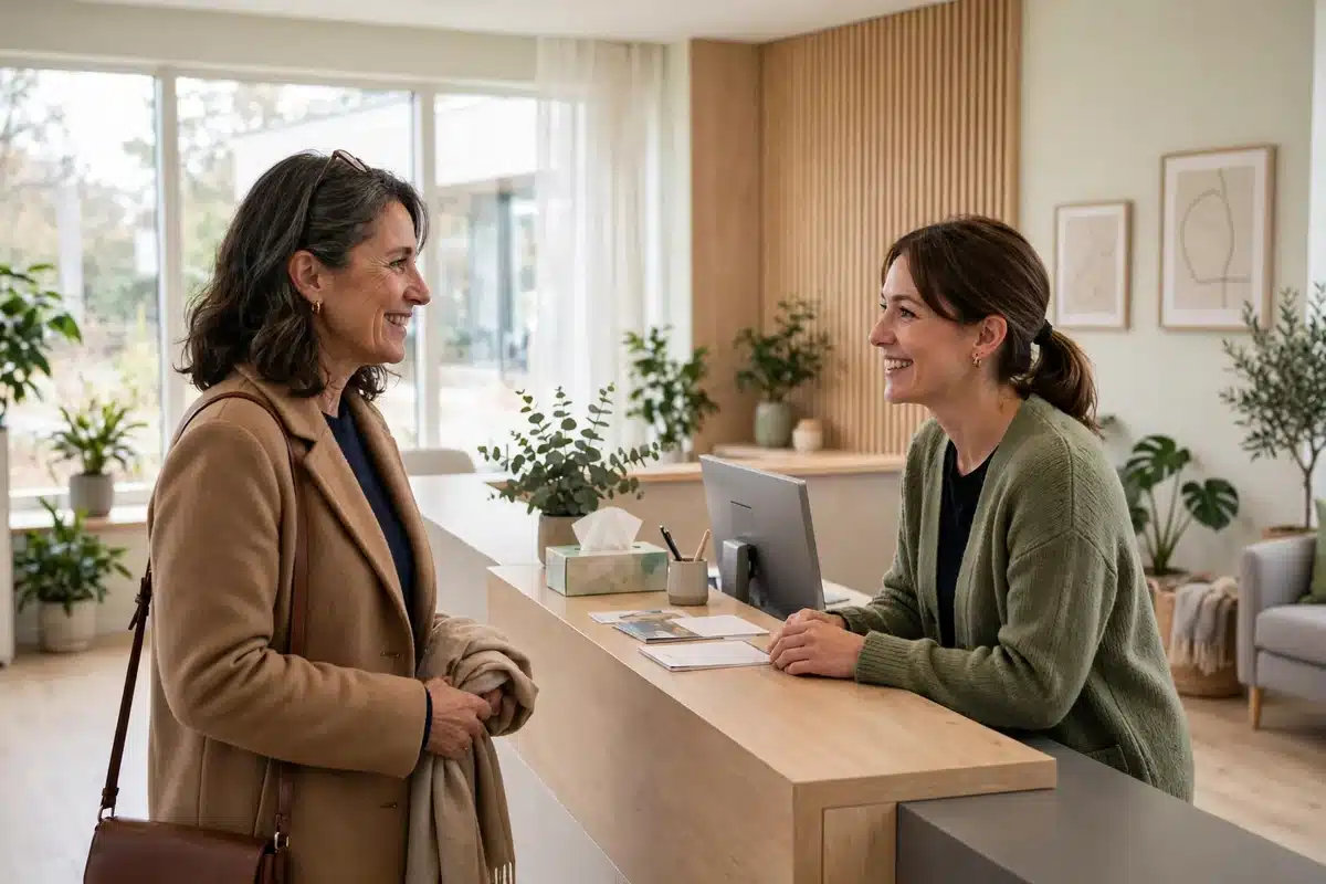 Photo of a woman in her 50s arriving at the welcoming bright reception desk of a modern breast imaging centre, greeted warmly by a receptionist, clean calm space, natural light