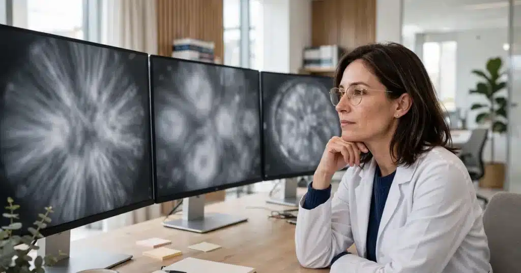 Photo of a female radiologist in her 40s at a desk in a bright modern reading room, looking at large monitors showing soft abstract scan patterns, calm and professional