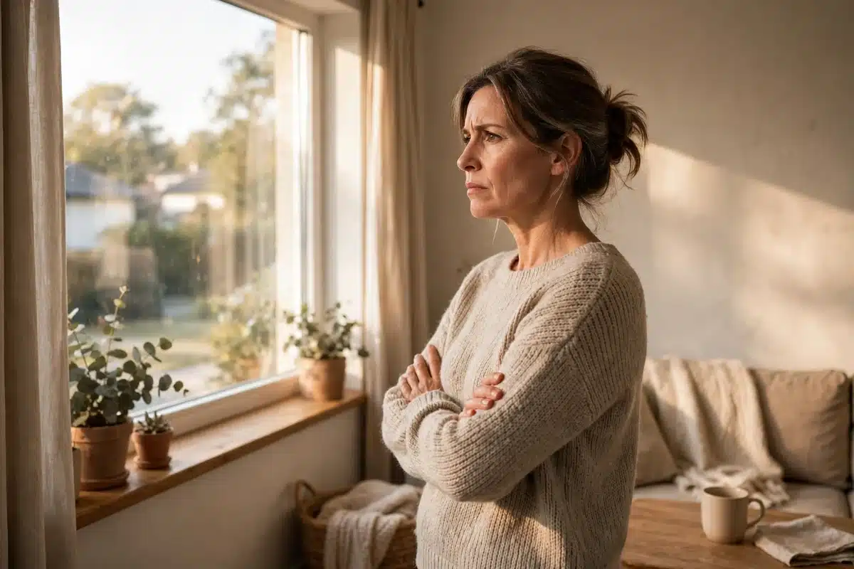 Photo of a woman in her 50s standing by a bright window at home with her arms crossed, looking out with a frustrated, thoughtful expression in warm natural light