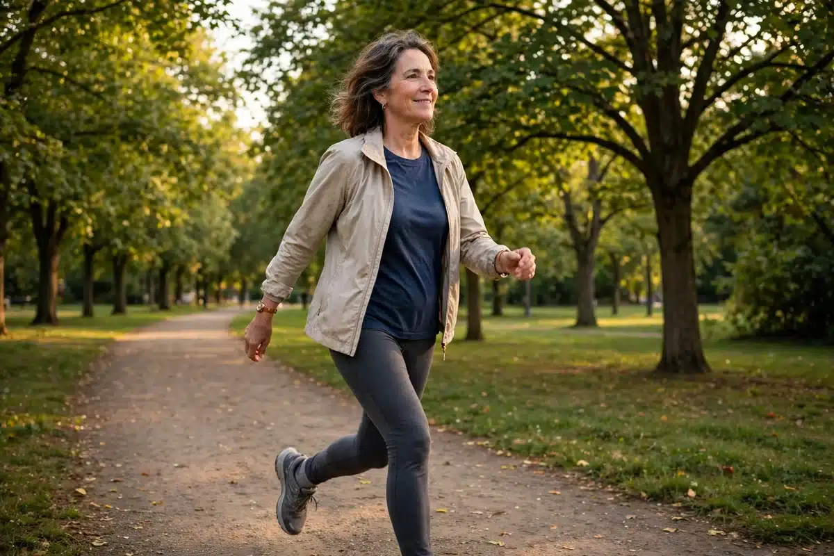 Photo of a woman in her 50s walking briskly along a tree-lined path in warm afternoon light, mid-stride, her expression easing as she walks