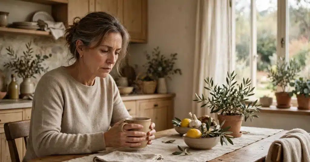 Photo of a woman in her 50s sitting at her kitchen table at home with a mug in her hands, looking down with a tense, thoughtful expression in soft daylight
