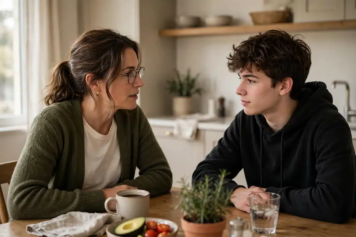 Photo of a woman talking honestly with her teenage son across the kitchen table at home