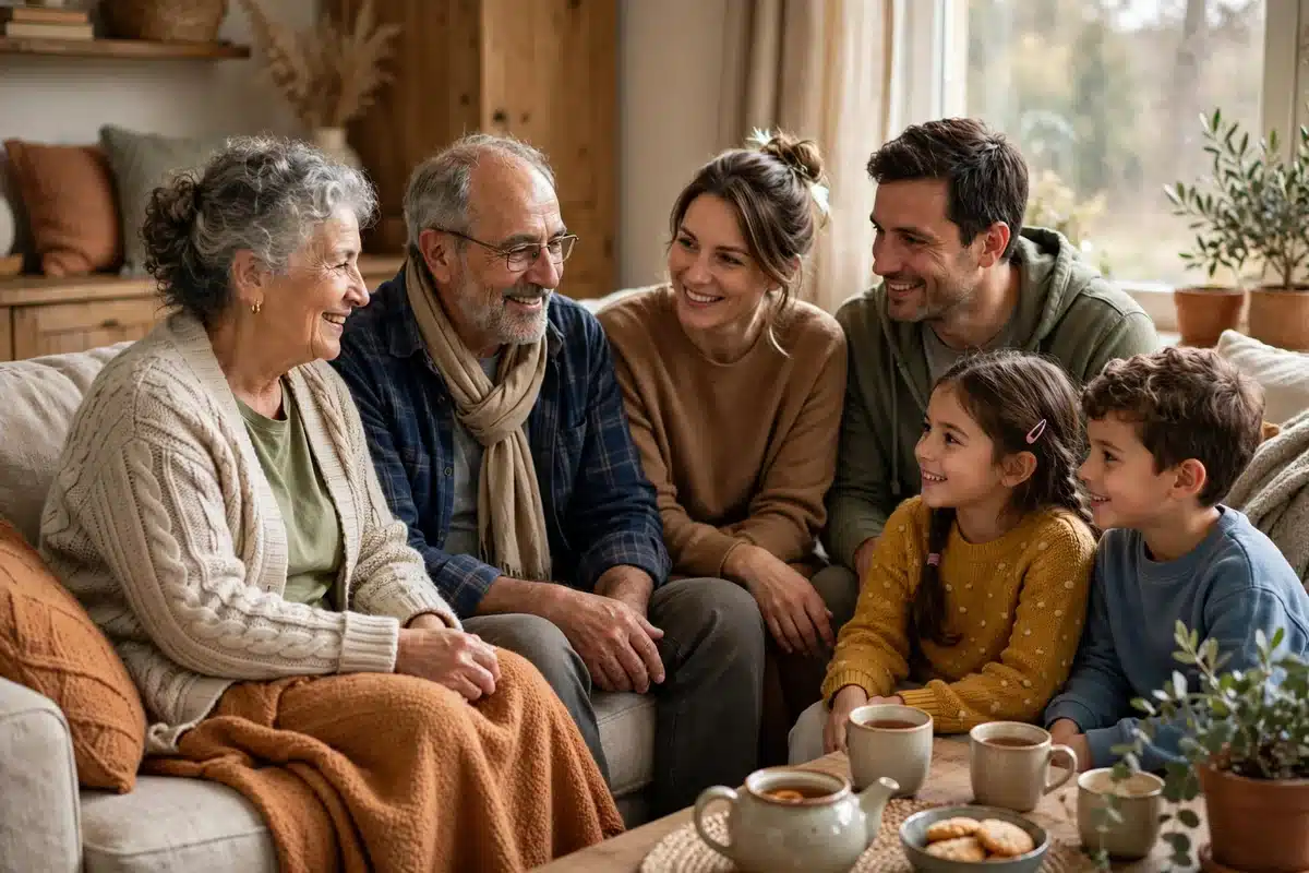 Photo of an extended family — grandparents, parents, and children — sitting together and talking in a living room at home