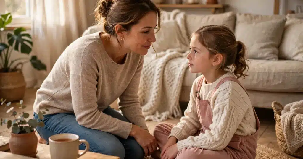 Photo of a mother kneeling down to talk gently with her young daughter at eye level at home