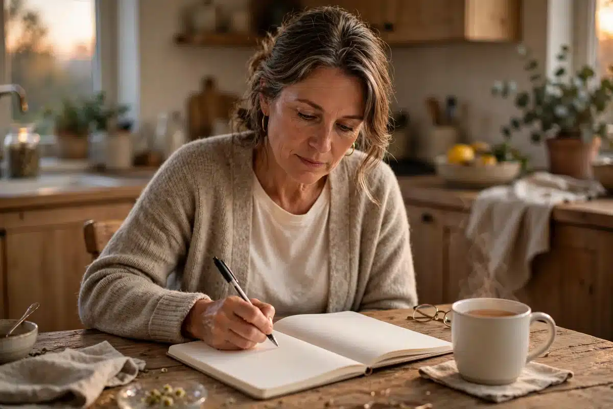 Photo of a woman writing her questions for tomorrow in a plain notebook at her kitchen table in warm evening light
