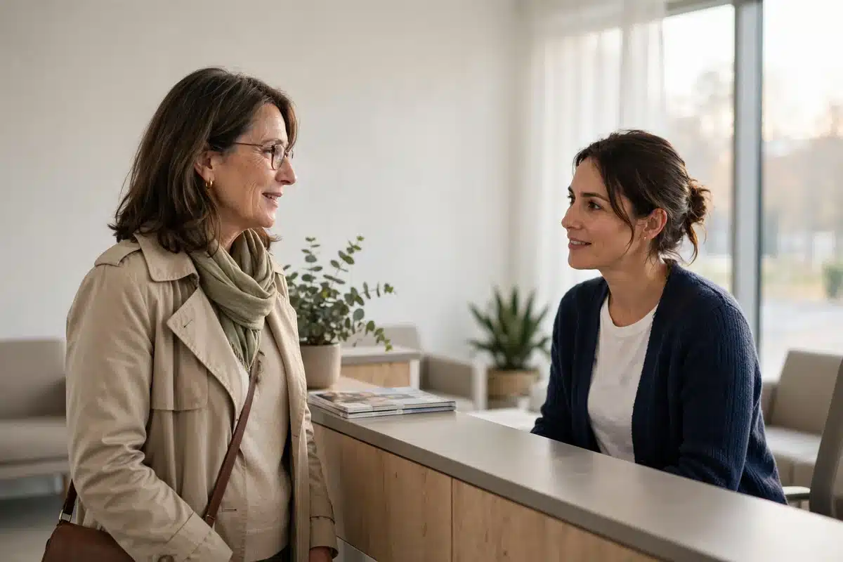 Photo of a woman arriving at a bright clinic in soft morning light, talking calmly with the receptionist before her appointment