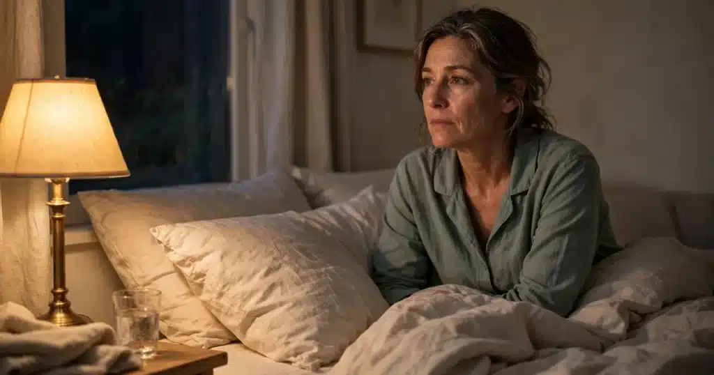 Photo of a woman sitting up in bed at home in warm lamplight on the night before a medical appointment, looking thoughtful and unable to settle