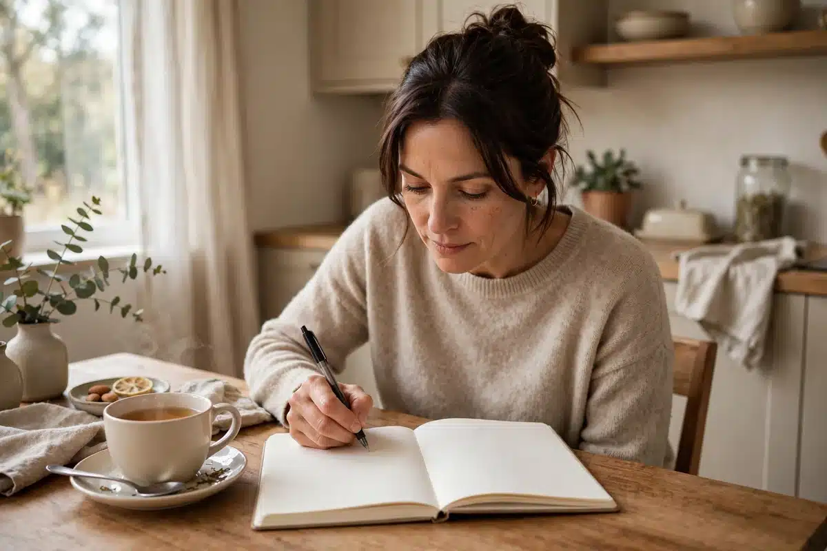 Photo of a woman writing in a journal at her kitchen table at home, a cup of tea beside her
