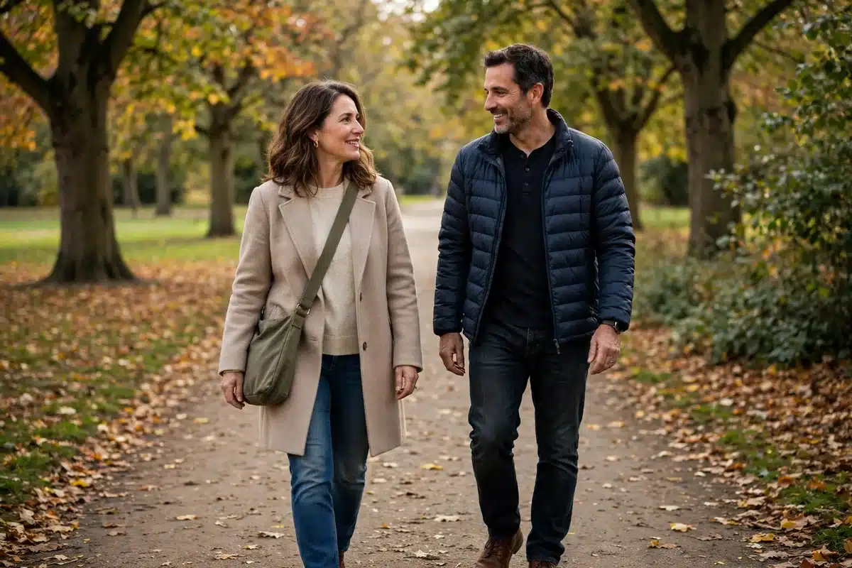 Photo of a woman and her husband walking together along a tree-lined park path in soft afternoon light