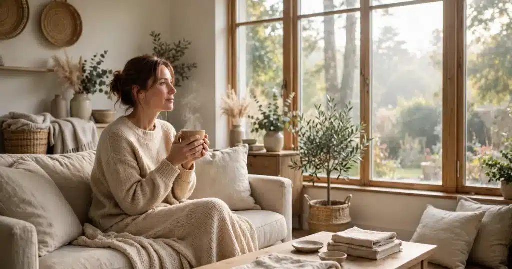Photo of a woman sitting on her sofa at home by a bright window, holding a warm mug as she looks out thoughtfully