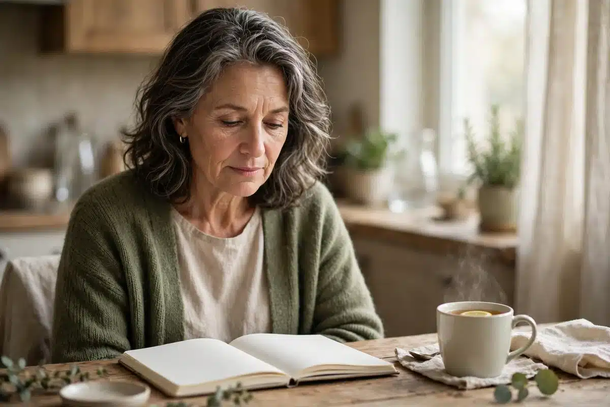 Photo of a woman in her 50s sitting at her kitchen table at home in soft morning light, reading a plain notebook with a thoughtful expression