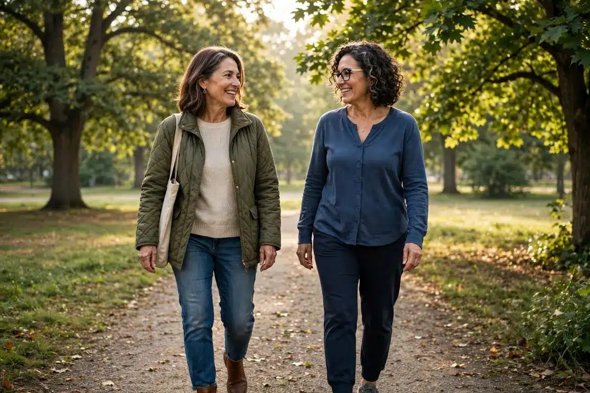 Photo of a woman in her 50s walking in a sunny park with a close friend, relaxed and talking together