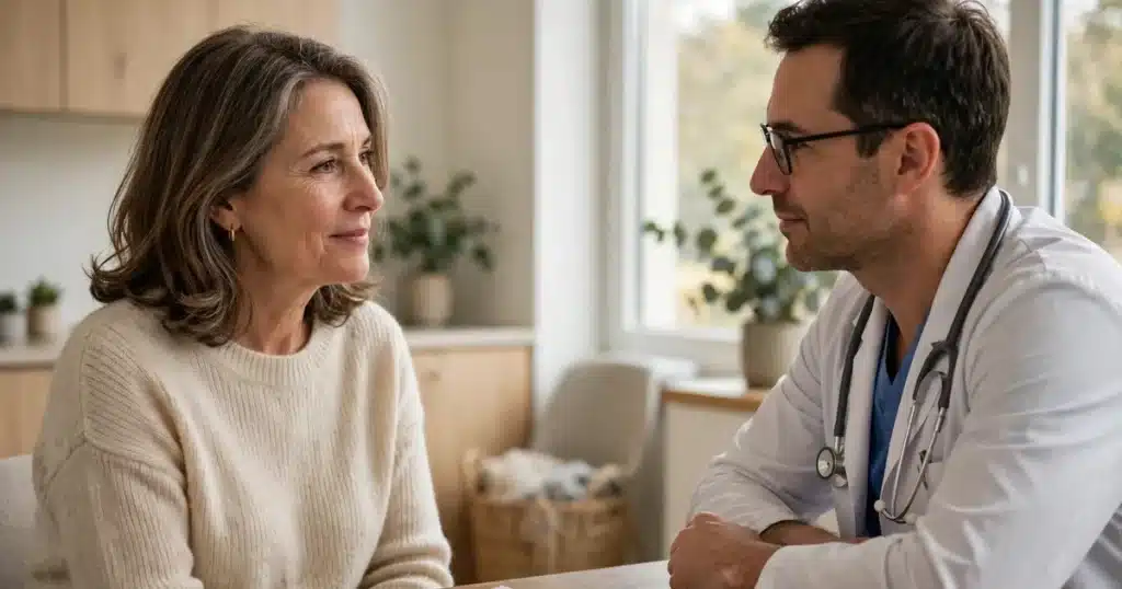 Photo of a woman in her 50s talking with her doctor in a bright clinic office about her pathology report