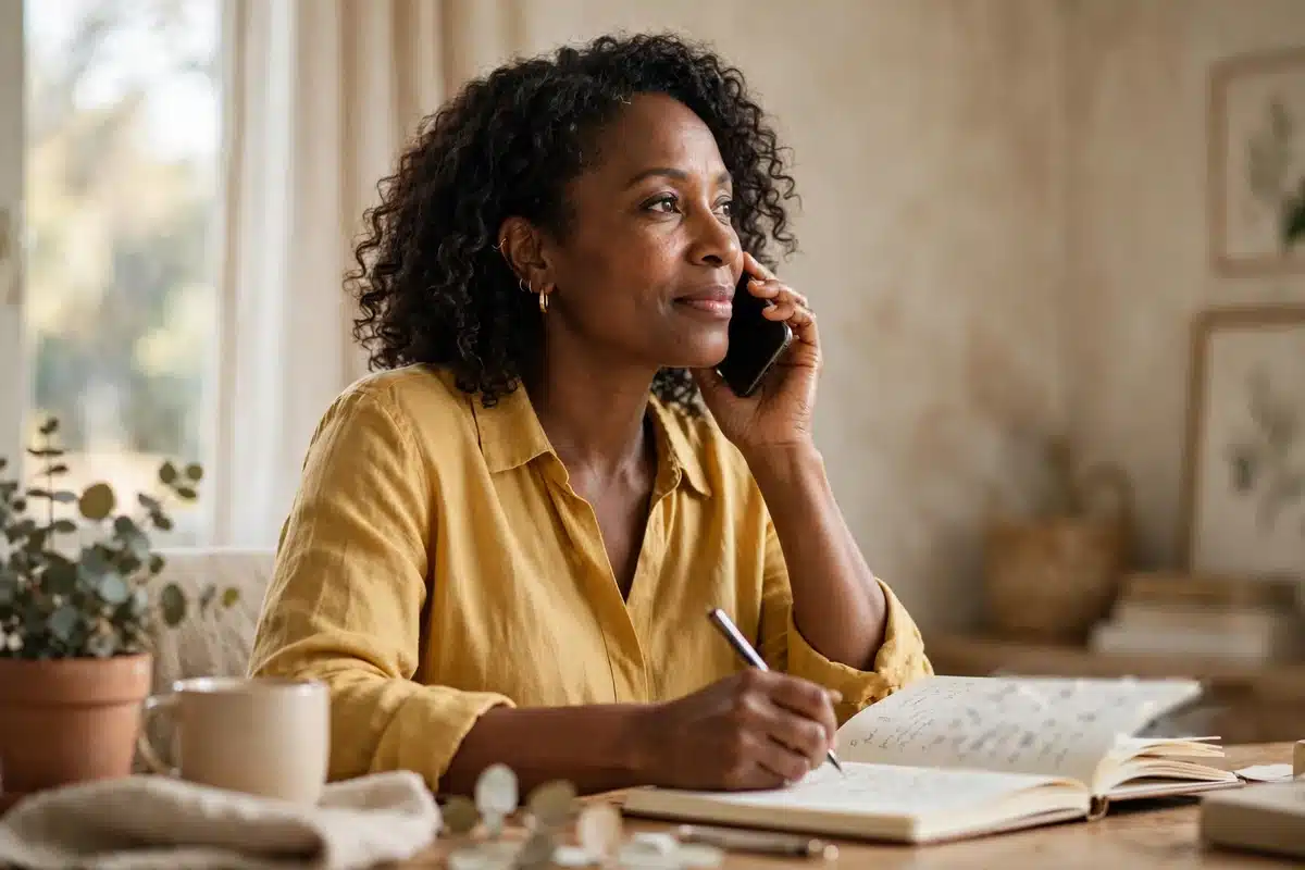 Photograph of a woman talking on the phone while taking notes in a notebook at a desk at home