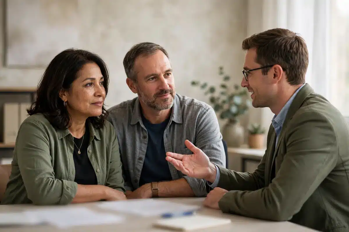 Photograph of a woman and her husband talking with a patient advocate across an office desk