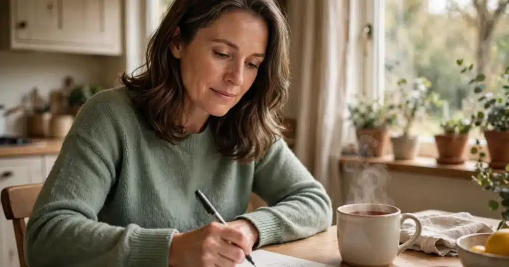 Photograph of a woman calmly writing a letter at her kitchen table at home, a cup of tea beside her