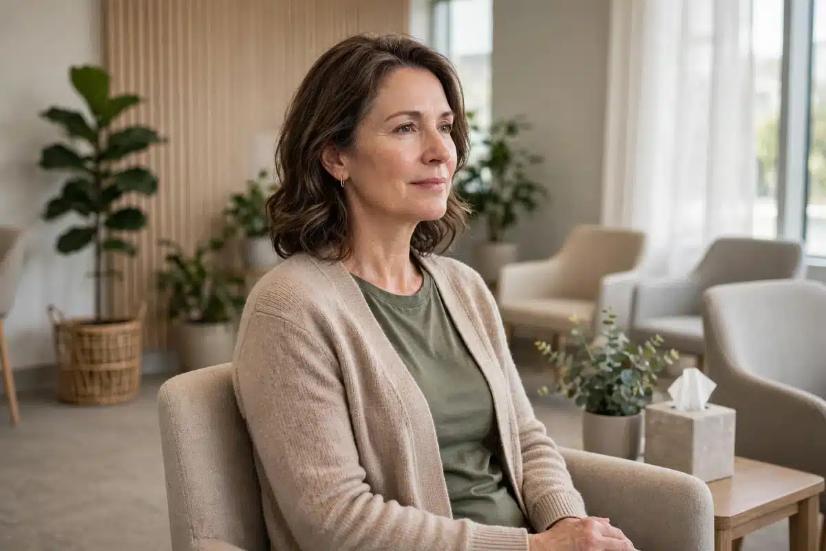 Photo of a woman in her 50s sitting in a bright breast imaging center waiting area, calm and composed, soft natural light