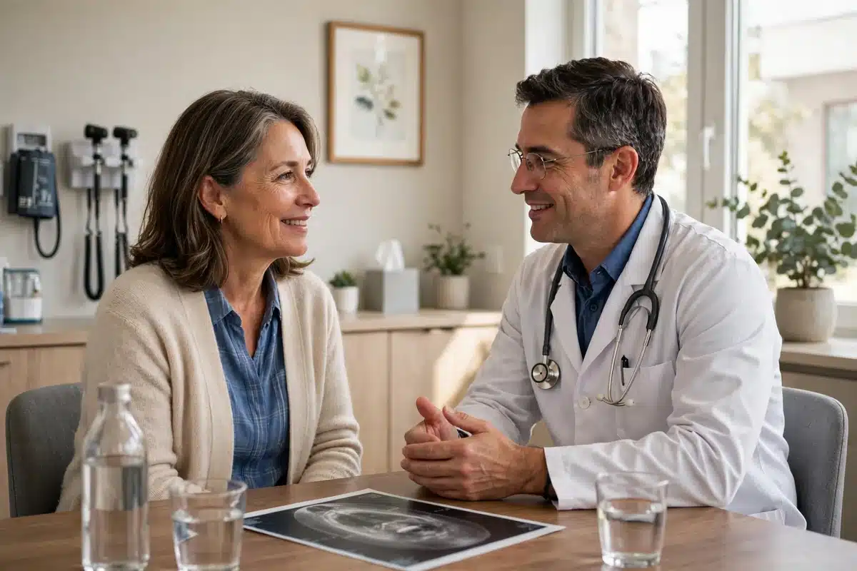 Photo of a woman in her 50s talking with her doctor in a bright clinic office about her mammogram results, both seated, calm and reassured, natural window light