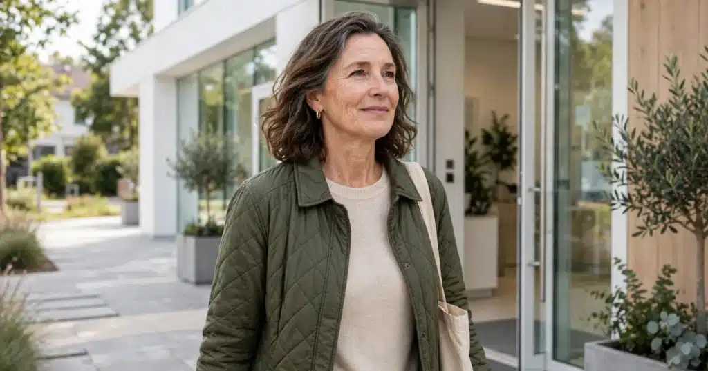 Photo of a woman in her 50s walking out of a bright modern clinic building into soft daylight, calm and relieved, natural light