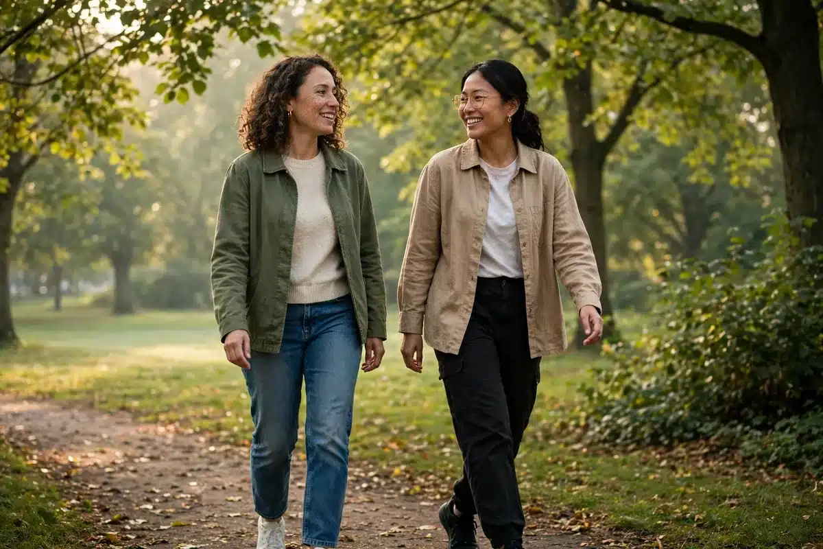 A woman walking with a friend through a green park in the morning