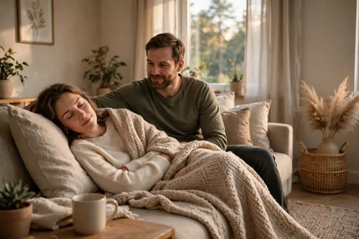 A woman resting on a couch at home with her husband sitting beside her
