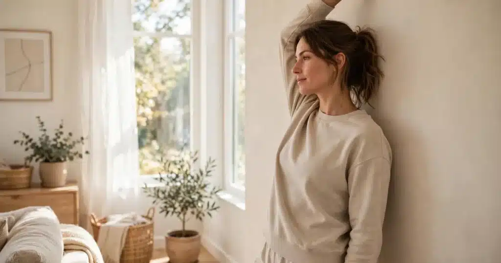 A woman doing a gentle arm stretch by a sunny window in a bright living room