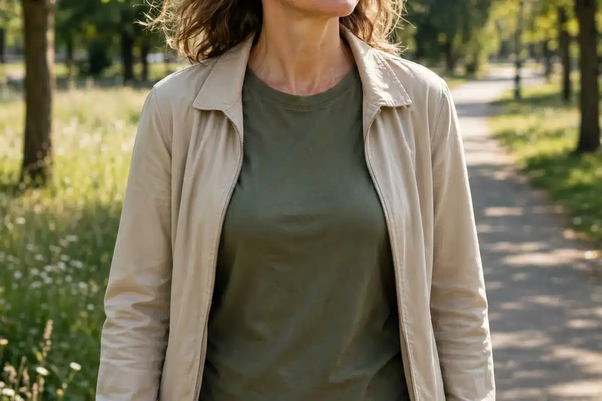 A woman survivor in her 40s on a gentle walk along a sunny park path with arms relaxed, no readable text, no logos