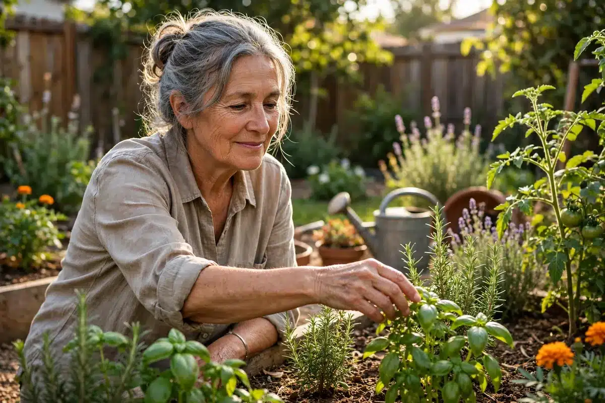 An older woman survivor gardening in a sunny backyard, reaching gently toward plants, no readable text, no logos