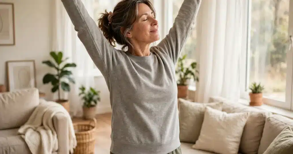 A woman survivor in her 50s gently stretching her arms in a bright living room in soft daylight, no readable text, no logos