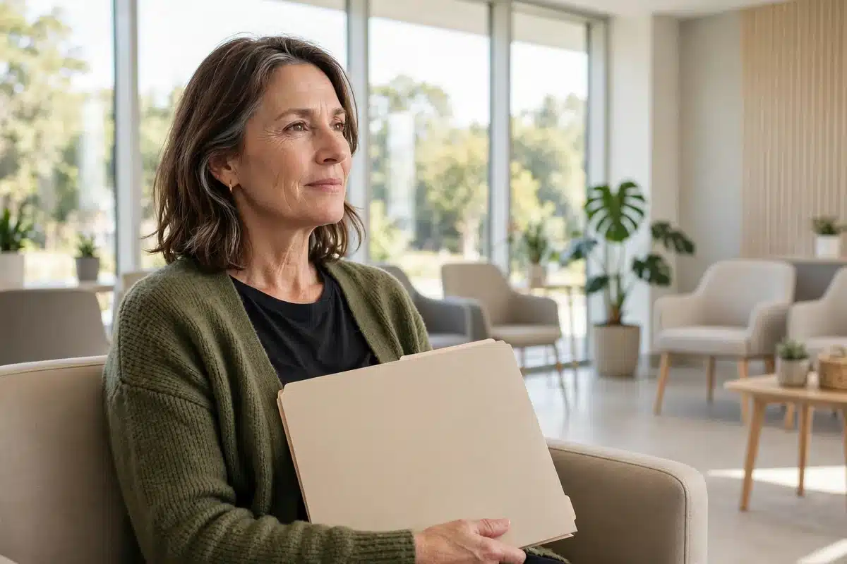 Photo of a woman in her 50s sitting calmly in a bright clinic waiting room, holding a plain folder on her lap
