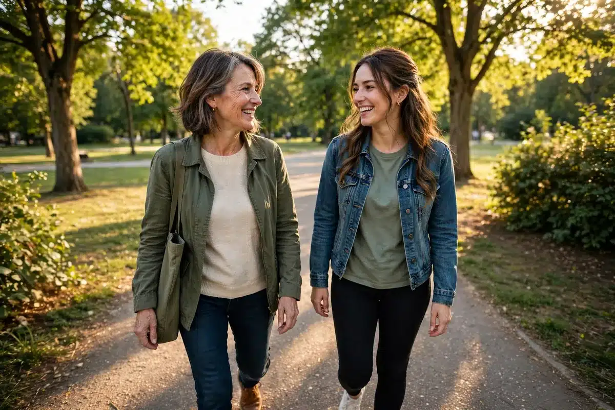 Photo of a woman in her 50s walking in a sunny park with her adult daughter, talking as they walk