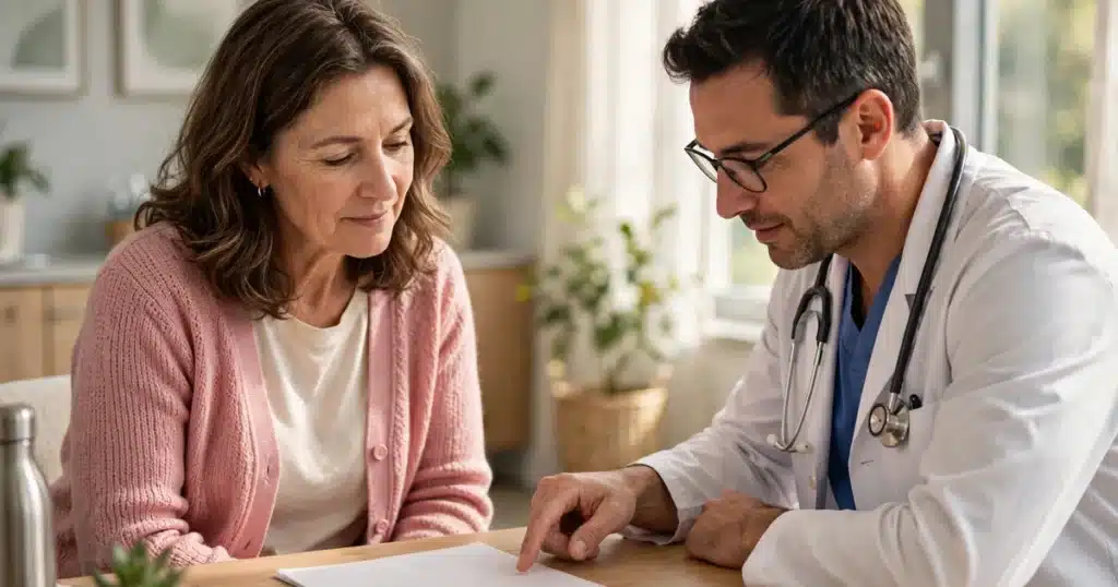 Photo of a woman in her 50s talking with her doctor in a bright clinic office, reviewing her biopsy report together