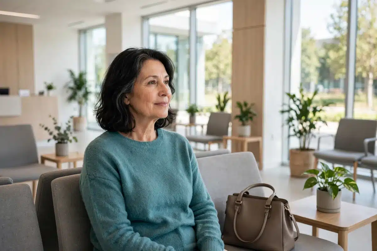Photo of a woman in her 50s sitting calmly in a bright imaging clinic waiting area before her screening appointment