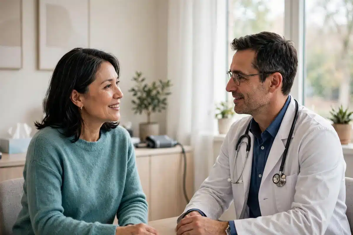 Photo of a woman in her 50s talking with her doctor in a bright clinic room about supplemental screening options