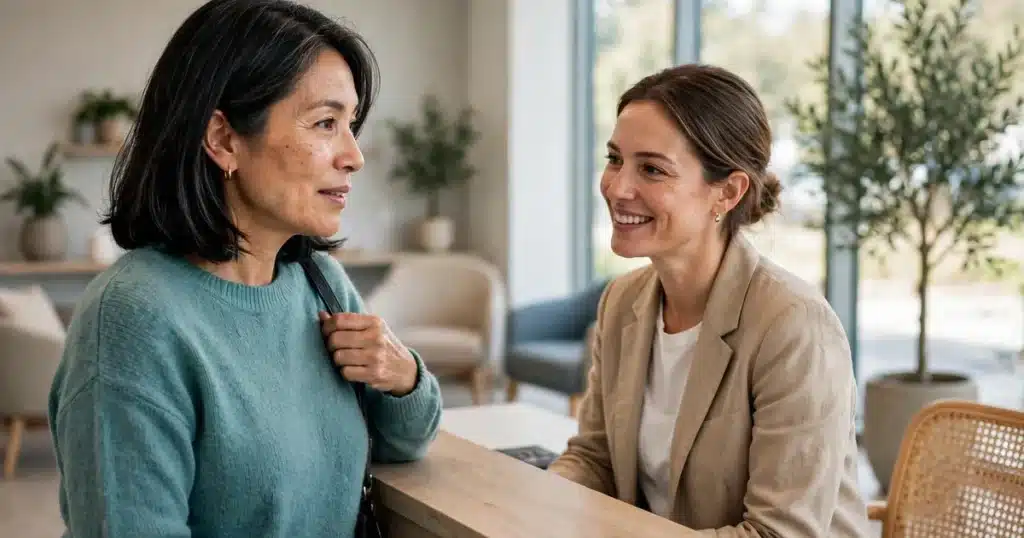 Photo of a woman in her 50s checking in at the reception desk of a bright breast imaging clinic