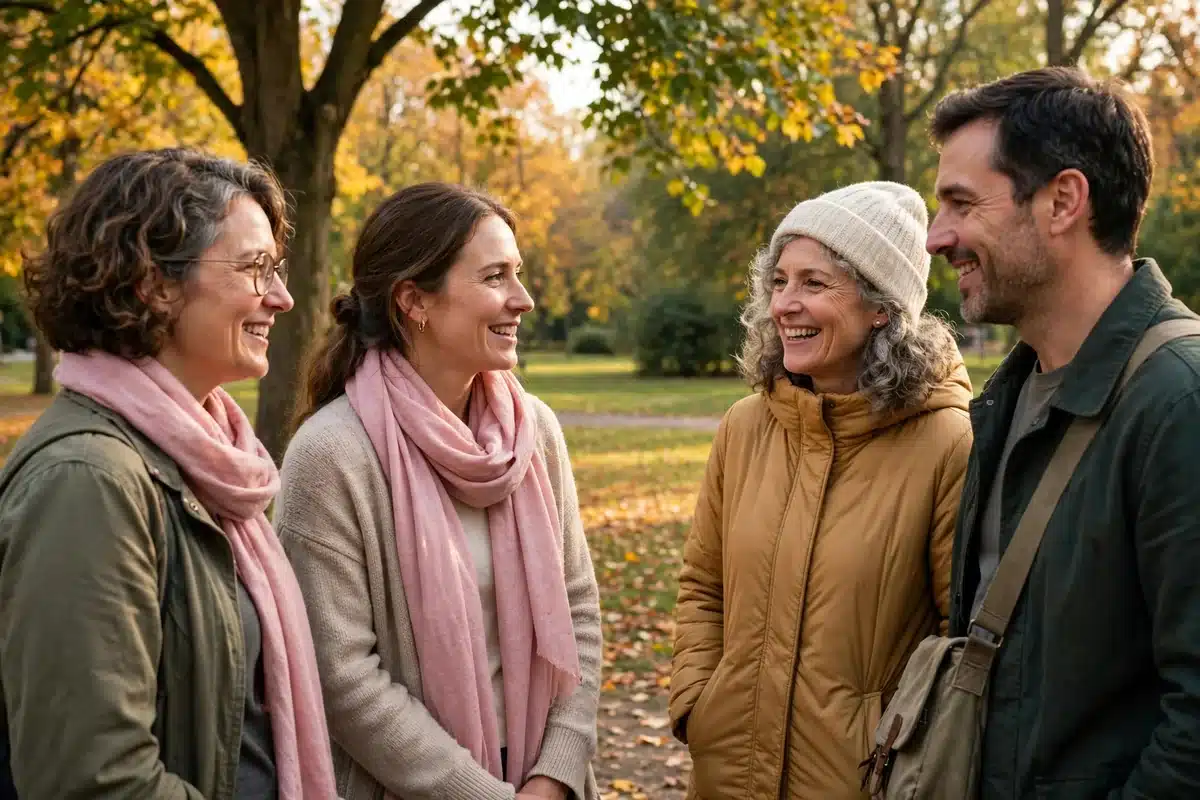 Photo of women volunteers in soft pink scarves talking with visitors at an outdoor community awareness event in a park in autumn light