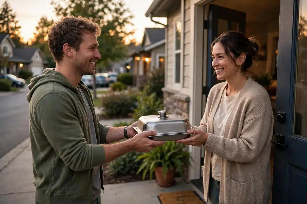 Photo of a friend handing a home-cooked meal in a covered dish to a smiling woman at her front door at home in warm evening light